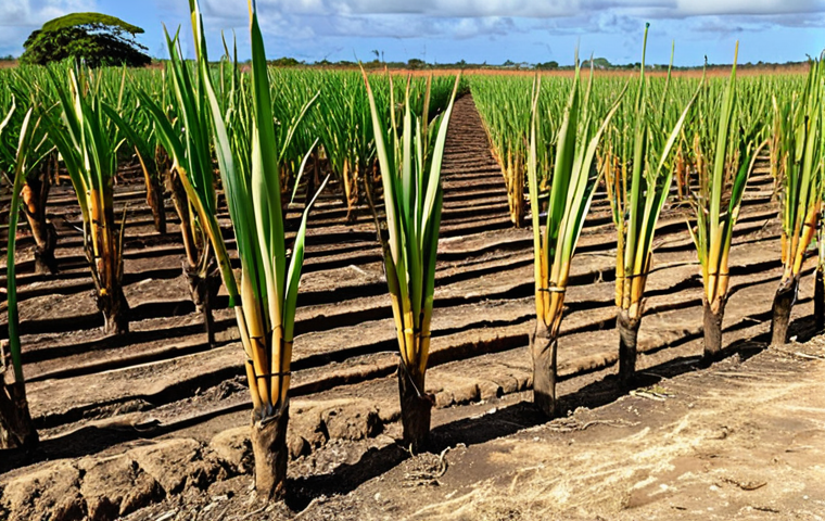 **A sun-drenched Barbados sugarcane field suffering from drought, with cracked earth and withered stalks. In the background, a small, weathered distillery struggles to operate. The overall mood is one of hardship and resilience.**