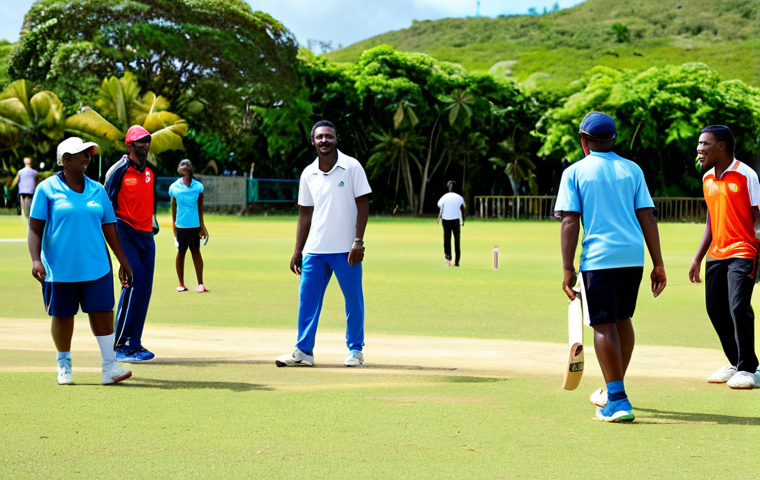 A group of diverse individuals, including men, women, and children, joyfully participating in a casual community cricket match on a sunny, vibrant field in Barbados. Some are playing cricket, while others are casually jogging or playing football in the background. They are all fully clothed in appropriate, modest sportswear, showcasing natural poses and expressions of happiness and camaraderie. The setting is a bright, clear day, with lush green surroundings. Professional photography, high resolution, perfect anatomy, correct proportions, well-formed hands, proper finger count, natural body proportions, safe for work, appropriate content, family-friendly.