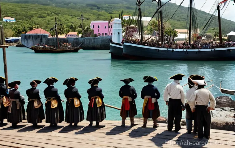 바베이도스 카리브 해 해적 역사 - **Prompt 1: The Crossroads of Early Colonial Barbados**
    "A bustling, historically accurate depic...